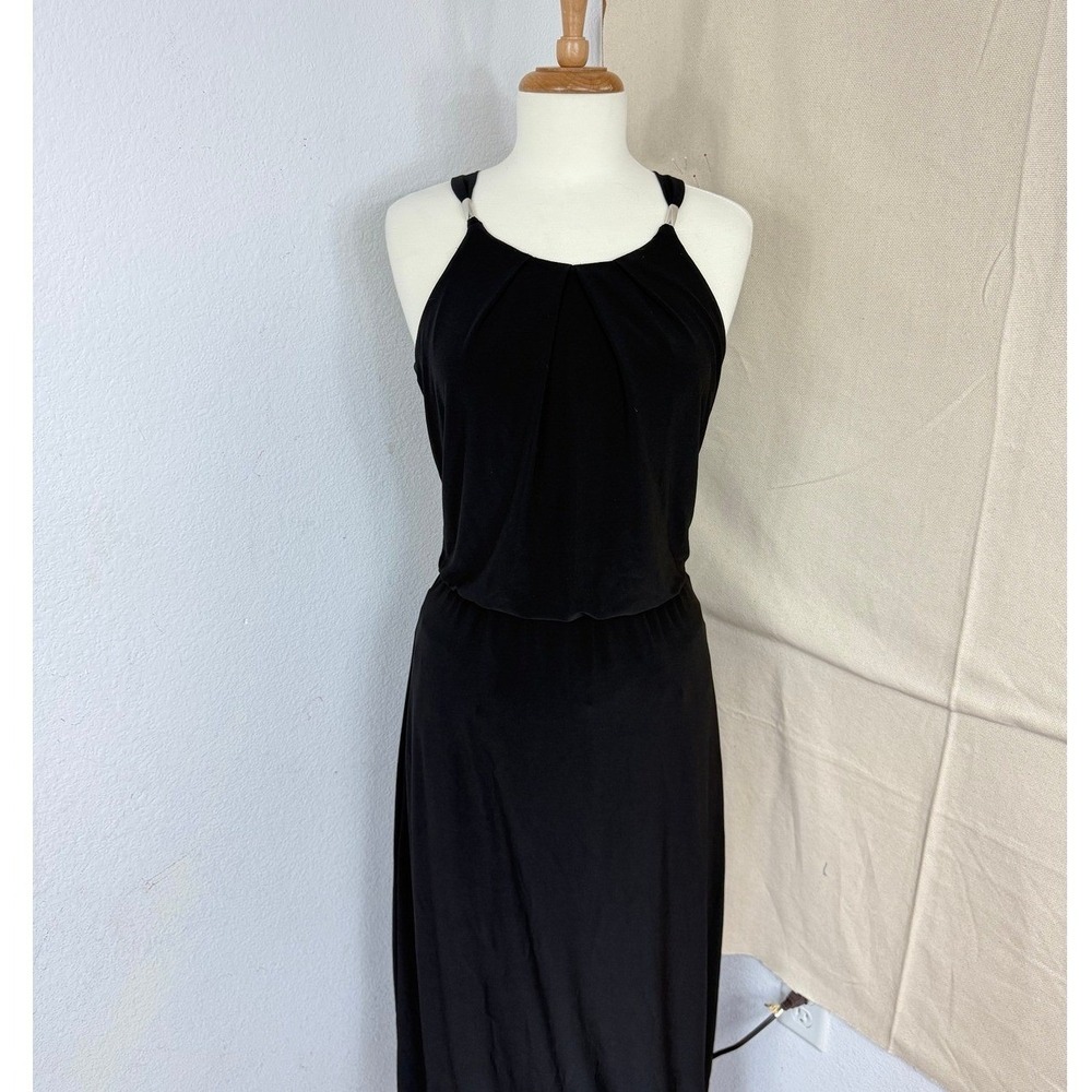 White House Black Market Black Pleated‎ Halter Maxi Dress Silver Hardware M